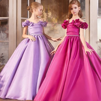 Saten Çiçek Kız Elbise Düğün İçin Parti Kapalı Omuz Kız Prenses Elbise İlk Communion Kız Elbise