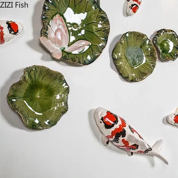 Sazan Lotus Yaprağı Seramik Süsler Duvar Asılı El Sanatları Oturma Odası Dekorasyon Duvar Arka Plan Ekran Boyalı Balık Kolye