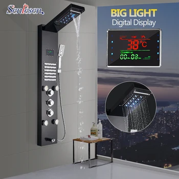 Senlesen duş paneli sütun büyük ekran mavi ışık yağmur ve şelale duş başlığı paslanmaz çelik masaj jetleri mikser duş