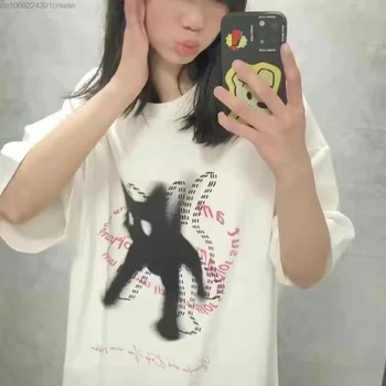 Sevimli Kedi Pamuk beyaz tişört kadın Yaz Kawaii Grafik Üst Y2k Estetik Streetwear Hip Hop Grunge Tees Yk2 Japon Tshirt