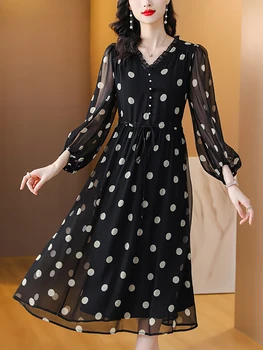 Siyah Polka Dot İpek Şık Lüks uzun elbise Kadınlar için İlkbahar Yaz Vintage Hepburn Parti Elbise 2023 Zarif Rahat Balo Kıyafetleri