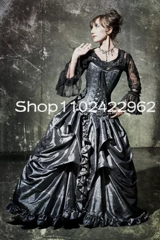 Siyah Uzun Kollu Gotik Balo balo kıyafetleri Dantel Leke Dantelli Ruffles Steampunk Telaş viktorya dönemi tarzı gece elbisesi