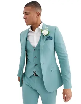 Sonbahar Nane Yeşil Blazer Pantolon Kıyafet Tam Erkek Takım Elbise 3 Adet Groomsmen Düğün Smokin Resmi Balo Elbise (Ceket + Pantolon + Yelek)