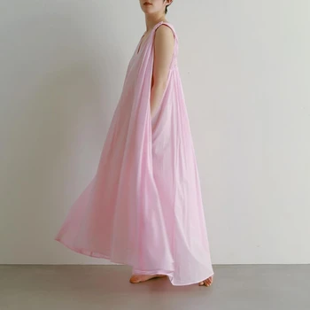 TEROKİNİZO Saf Renk uzun elbise Kadın V Yaka Kolsuz Gevşek A-line Büyük Salıncak Elbiseler Kadın Yaz Moda Tatil Robe Femme