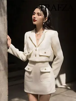 TRAFZA Sonbahar kadın Moda Bej Doku Blazer Seti Retro Yüksek Bel Düğmesi Rahat Fermuar A-Line Kadın Bej Mini Etek Seti