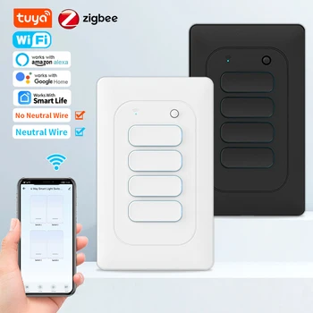Tuya Akıllı Yaşam Zigbee / WiFi ışık anahtarı Basma Düğmesi Interruptor Nötr ABD Duvar ışık anahtarı 1 2 3 4 Gang Alexa Google Ev