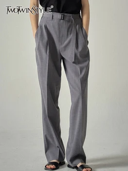 TWOTWINSTYLE Minimalist rahat pantolon Kadınlar İçin Yüksek Bel Tam Boy Patchwork Kemer Düz Geniş Bacak Pantolon Kadın Giyim 2023