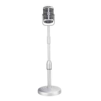 Vintage Masaüstü Mikrofon Prop Modeli ile Ayarlanabilir Yükseklik, Klasik Retro Tarzı Mikrofon Standı Sahte Mikrofon Prop, Gümüş