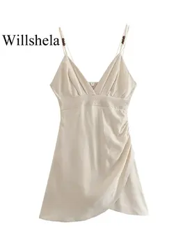 Willshela Kadın Moda Bej Pileli Backless Yan Fermuar Mini Elbise Vintage İnce Sapanlar V Yaka Kadın Şık kadın elbiseleri