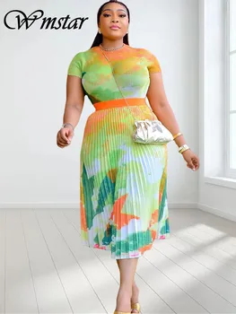 Wmstar Artı Boyutu Elbiseler Kadınlar için Baskılı O Boyun Pleats Parti Afrika Maxi Elbise Moda Yeni Yaz Toptan Dropshipping