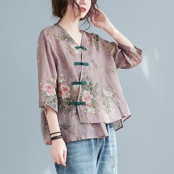 Yaz Kadın V Boyun Yarım Kollu Çiçek Desen Düzensiz Çin Tarzı Pamuk Keten Üst Gömlek, kadın Gevşek Vintage Gömlek Tops