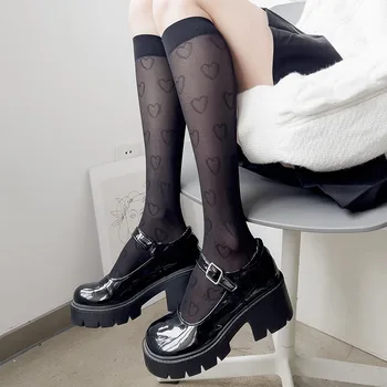 Yeni Ultra-ince Uzun Çorap Kadın JK Kalp Şeffaf Çorap Kadın Siyah Beyaz Yüksek Diz Çorap Kız Elbise Calcetine Medias