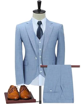 Yeni Varış Açık Mavi / Haki Tam Erkek Takım Elbise Özel Yapılmış Blazer Pantolon Düğün Ceket Damat Parti Giyim 3 Adet Ceket + Yelek + Pantolon