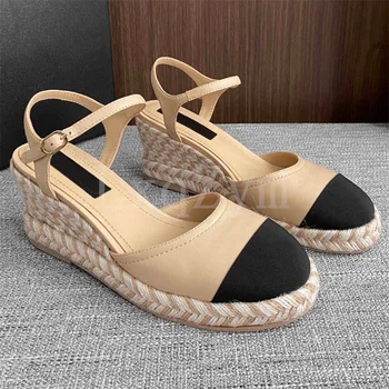 Zarif Takozlar Kadın Ayakkabı Kenevir Halat Tabanı Yaz Sandalet Kadınlar için Karışık Renk Deri Patchwork Kumaş Toka Kayış Ayakkabı