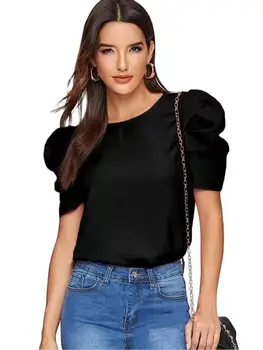 çok yönlü kentsel eğlence kabarcık kol yuvarlak yaka düz tüp kadın T-shirt