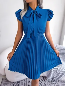 2023 Yeni Kadın Mini yaz elbisesi Zarif Lace Up Yüksek Bel Büyük Kat Elbise Bayanlar İçin Yay Yaka Düz Renk Pilili Elbiseler