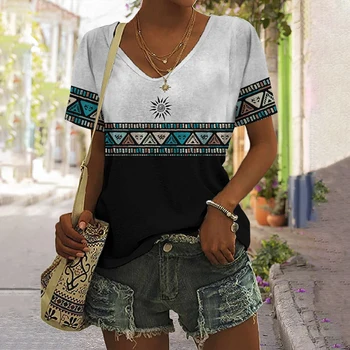 Afrika Etnik kadın T-shirt Yaz V Yaka Klasik Kısa Kollu Kadın Çizgili Kazak Büyük Boy Sokak Bayan Giyim