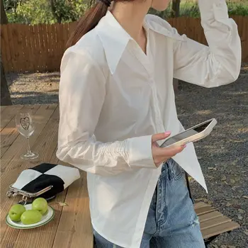 Amerikan retro moda basit düz renk uzun kollu gömlek kadınlar için Kore versiyonu niş ıns rahat mizaç gömlek üst