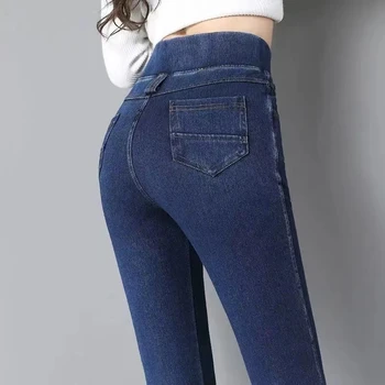 Artı Boyutu Kadın Kot Kore Moda Bahar Sonbahar Streetwear Denim Kot Cepler Yüksek Bel Streç kalem pantolon Pantolon Yeni