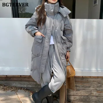 BGTEEVER Kış Kapşonlu Pamuk Yastıklı Paltolar Kadınlar için Şık Gevşek Tam Kollu Kalınlaşmak Sıcak Kadın Parkas Aşağı Palto