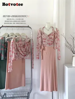 Botvotee Vintage Elbise Setleri Tank Top ve Etek ile 3 Parça Set Yaz V Yaka Eşleşen Setleri Çiçek A-LİNE Diz Boyu Elbise Setleri