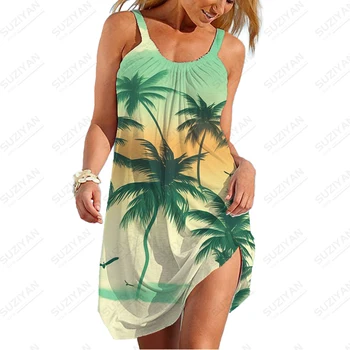 Hawaii Plaj Tarzı Hindistan Cevizi Ağacı 3D Baskılı Elbise kadın Rahat Nefes Elbise Yaz Yeni Rahat Spagetti kemerli elbise