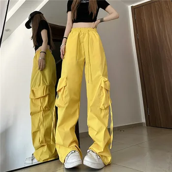 Hip Hop Saf Renk Sarı Y2k Baggy Kargo Pantolon Kadın Yüksek Streetwear Vintage Pantolon Yüksek Bel İpli Geniş Bacak StreetPant