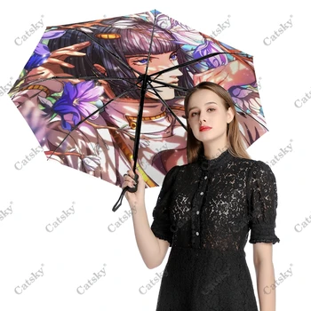 Jojo'nun Tuhaf Macera Şemsiye Yağmur Kadınlar Üç Katlanır Tam Otomatik Şemsiye Güneş Koruma Açık Seyahat Aracı Parapluie