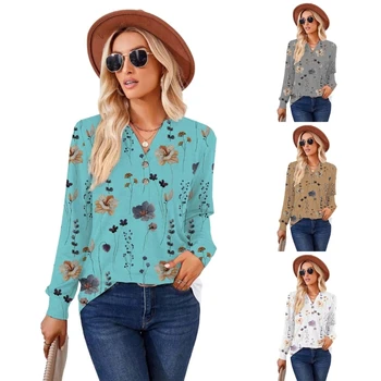 Kadın 2023 Uzun Kollu V Boyun Düğme Aşağı Gevşek Rahat Henley Tunikler Üstleri T Shirt Çiçek Baskı Sonbahar Bluz Gömlek