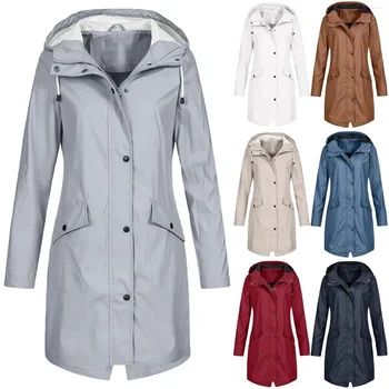 Kadın Ceketler Moda Kapşonlu yağmurluk Rahat Bayanlar Su Geçirmez Rüzgar Geçirmez Uzun Ceket Düğmeleri Kadın Kış Kollu