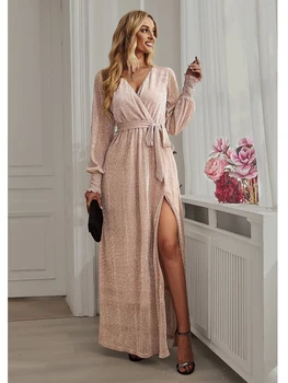 Kadın Elbise 2023 Sonbahar Kış Uzun Resmi Parti Elbise bel kemeri Tasarım Seksi V Yaka Bölünmüş Payetli uzun elbise
