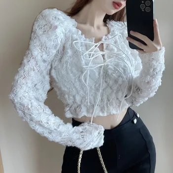 Kadın Zarif Dantel Çiçek Kapalı Omuz Uzun Kollu İnce T Shirt Bayan Yaz Sonbahar Streetwear Lace Up Kısa Tee Üst