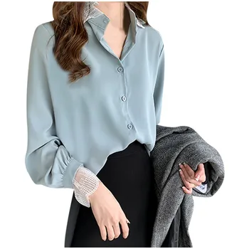 Kadınlar Uzun Kollu Dantel Eklenmiş Turn-Aşağı Yaka Katı Üstleri Şifon Gömlek Üst Kadın moda Bluz 2023 T Gömlek kadınlar İçin Y2k
