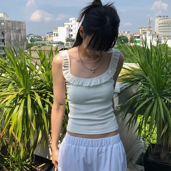 Kawaii Kız Beyaz Nervürlü Tankı Üstleri Y2K Harajuku Giyim Fırfır Backless Kırpma Üst Kadınlar için Boyunduruk Giysileri Üstleri T-Shirt