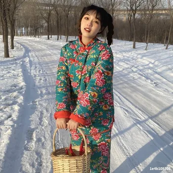 Kış Çin Tarzı Ejderha ve Anka Kuşu, Şakayık Baskı, Şenlikli Yüksek Sokak, Çin-Şık Kapüşonlu Pamuklu Ceket ve Pantolon Takım Elbise