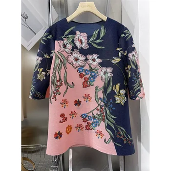 Lacivert yaşlanma Chinoiserie baskılı yuvarlak boyun üst pilili t shirt kadın ilkbahar yaz 2023 yeni kazak bol tişört kadın