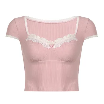 Pembe tişört Tatlı Kızlar için Yaz 2023 Kısa Kollu Kare Yaka Dantel Trim pamuklu üst giyim Tee Sevimli TShirt Kawaii Giysileri