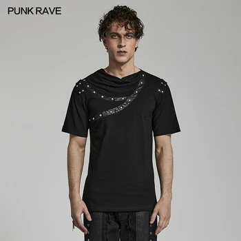 PUNK RAVE erkek Punk günlük T-shirt Asimetrik Damla Yaka Kırık Deri T-shirt Kişilik Serin Yaz Üstleri Erkekler için