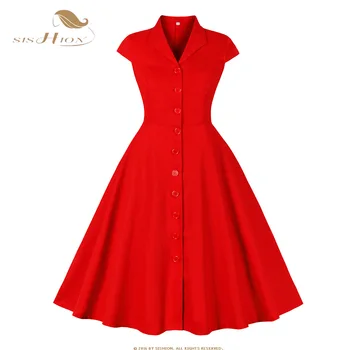 SISHION Kırmızı Katı pamuklu elbiseler Kadınlar ıçin Turn-Aşağı Yaka Tek Göğüslü Kap Kollu Yaz Düz 1950 s Vintage Elbise SR998