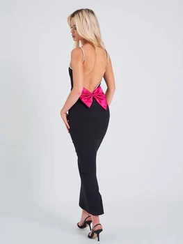 Siyah kadın Spagetti Kayışı Backless Yay Elmas Kolsuz 2023 Yeni Seksi Bodycon Ünlü Kulübü Parti Akşam Elbise Vestidos