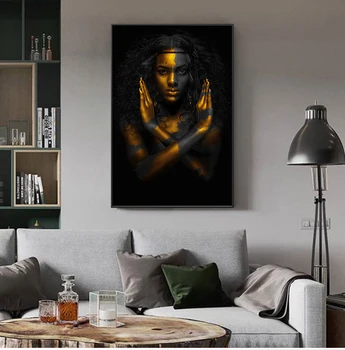 Siyah ve Altın Afrika Çıplak Kadın Hint Yağlıboya Posterler ve Baskılar İskandinav duvar sanat resmi Oturma Odası için