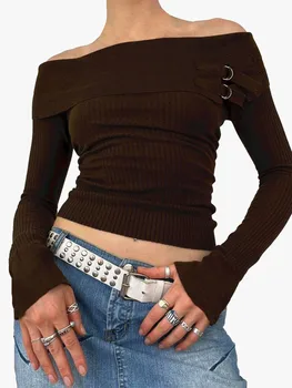 Sonbahar Kış Vintage Örme İnce Kırpılmış Üstleri Kadın Düz Renk Nervürlü Off-Omuz Uzun Kollu Triko Streetwear