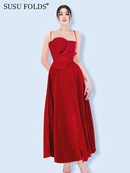 SUSU Katı 3D Çiçek Ziyafet Kadın Spagetti Kayışı Gece Elbisesi Pilili Yüksek Bel Zarif Resmi Midi Yeni Yaz 2023 SU-A869