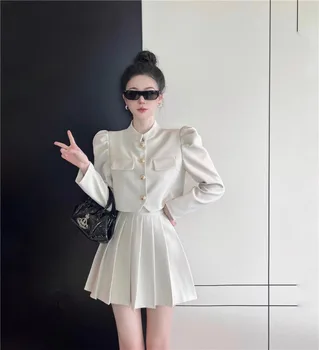 Tatlı Sıcak Kız Elbise kadın İlkbahar ve Sonbahar Uzun kollu Takım Elbise Ceket Yüksek Belli Pilili Kısa Etek Moda İki parçalı Set