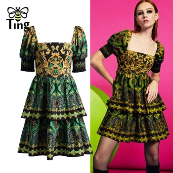 Tingfly Yeni Öğeler Vintage Çiçekli Baskı Bir Çizgi Mini Kısa Parti Elbiseler Bayan Yaz Şık Katmanlı Vestidos Retro Elbise Elbise Zafu