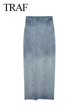 TRAF 2023 Kadın Moda Vintage Mavi Degrade Cep Tasarım İnce Etek Kadın Kot Dikiş Yüksek Bel Streetwear Uzun Etekler