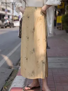 Çin Tarzı Etekler Kadın Sarı Baskı Vintage Yan yarık Edebi Midi Yaz Mujer Azınlık Yüksek Bel Streetwear Faldas 2023